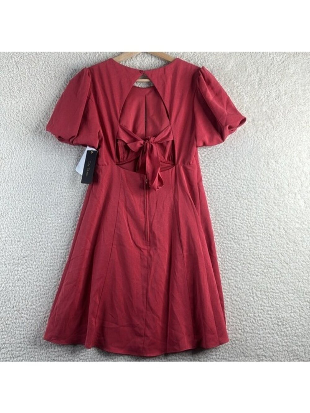 NWT City Studios Womens Coral Pink Puff Sleeve Tie Open-Back A-Line Dress Size 3 - Picture 11 of 16